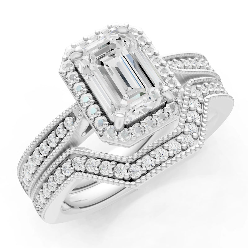 Petitie Vintage Inspired Milgrain Emerald Cut Ring Set