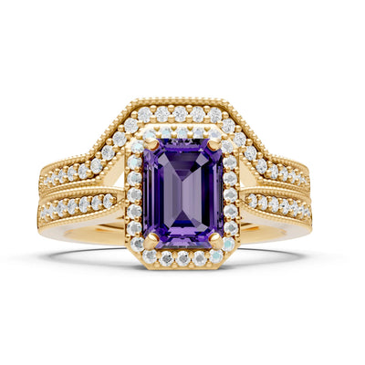 Petitie Vintage Inspired Milgrain Emerald Cut Ring Set
