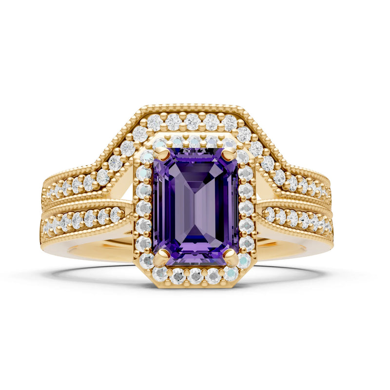 Petitie Vintage Inspired Milgrain Emerald Cut Ring Set