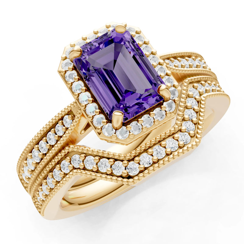 Petitie Vintage Inspired Milgrain Emerald Cut Ring Set