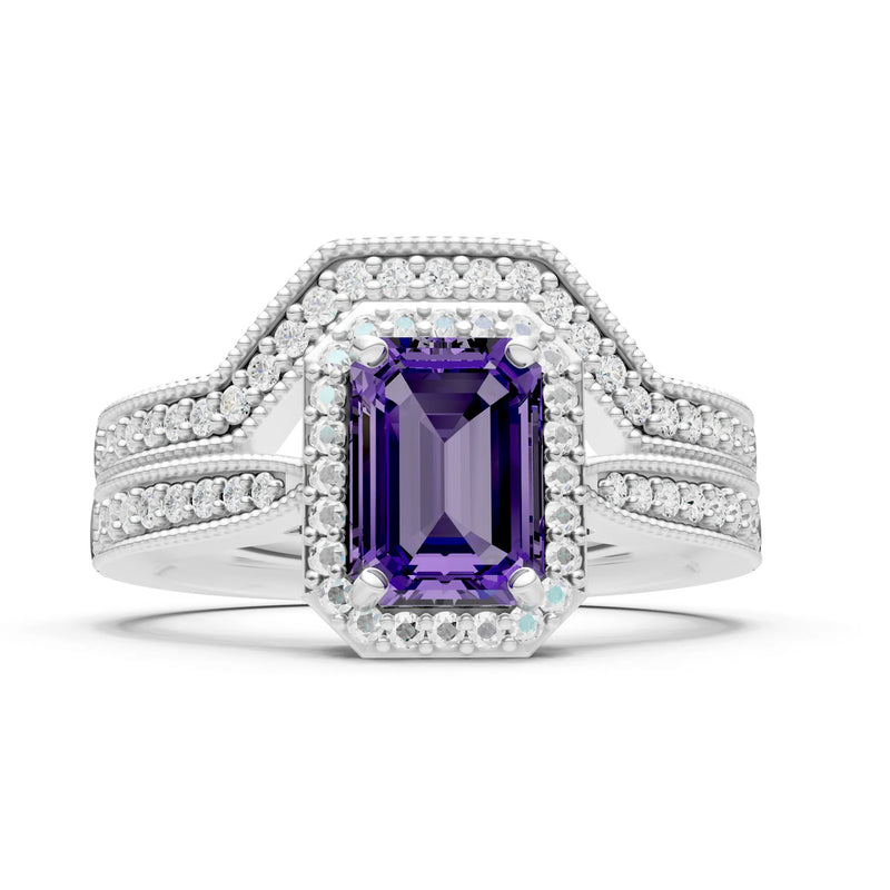 Petitie Vintage Inspired Milgrain Emerald Cut Ring Set
