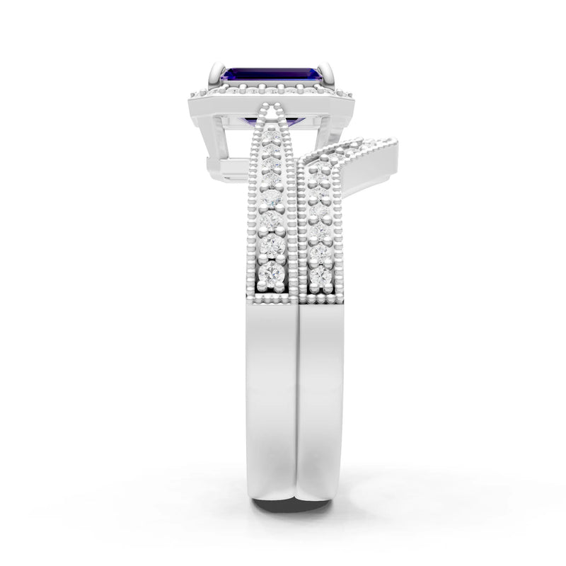 Petitie Vintage Inspired Milgrain Emerald Cut Ring Set
