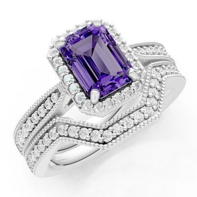 Petitie Vintage Inspired Milgrain Emerald Cut Ring Set