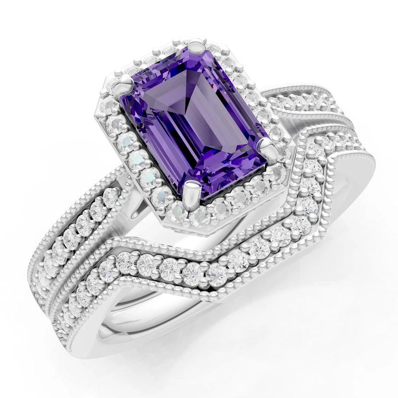 Petitie Vintage Inspired Milgrain Emerald Cut Ring Set