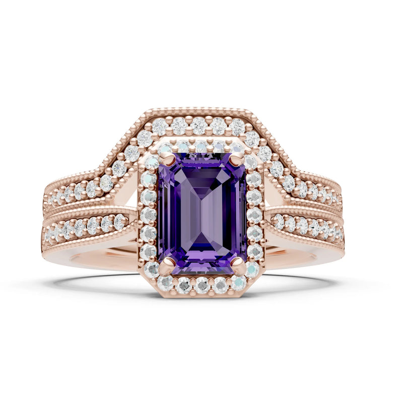 Petitie Vintage Inspired Milgrain Emerald Cut Ring Set