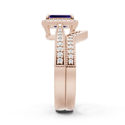 Petitie Vintage Inspired Milgrain Emerald Cut Ring Set