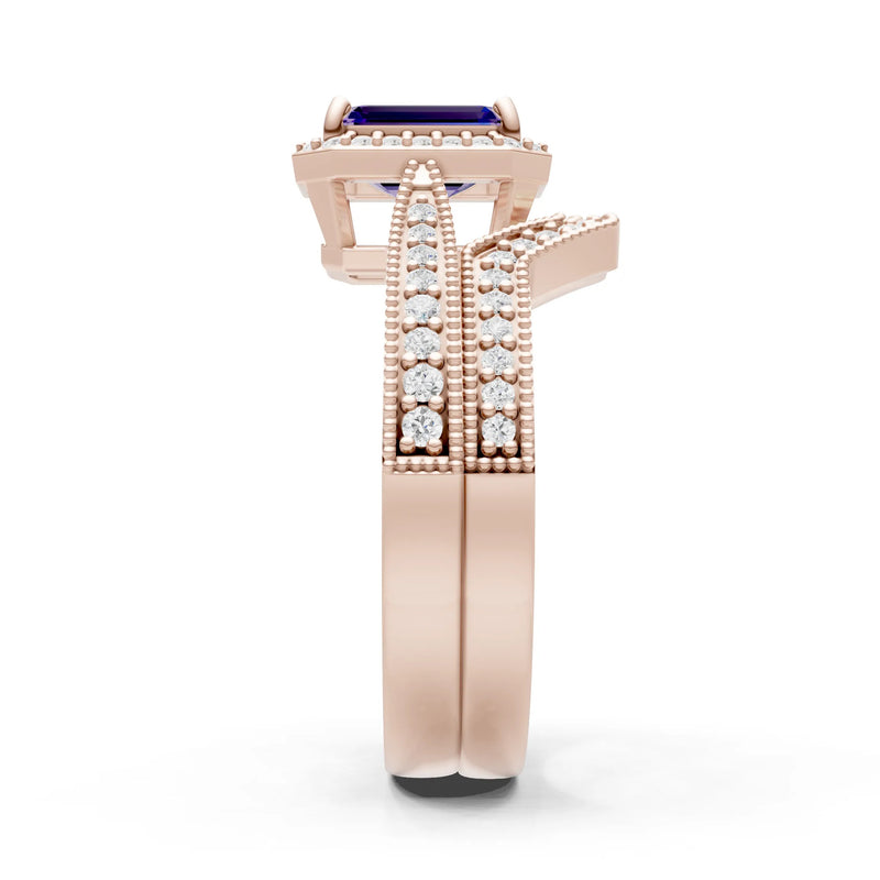 Petitie Vintage Inspired Milgrain Emerald Cut Ring Set