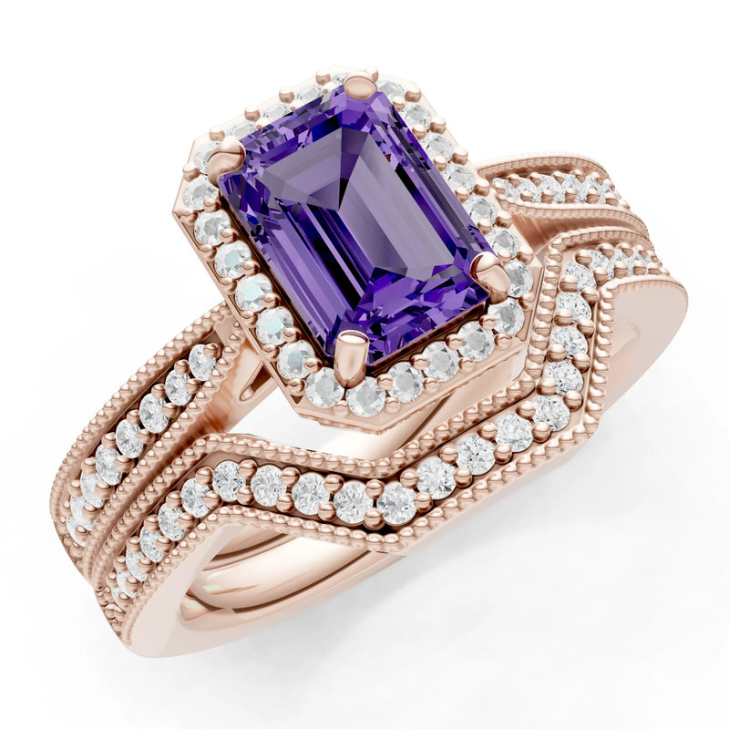 Petitie Vintage Inspired Milgrain Emerald Cut Ring Set