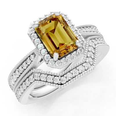 Petitie Vintage Inspired Milgrain Emerald Cut Ring Set