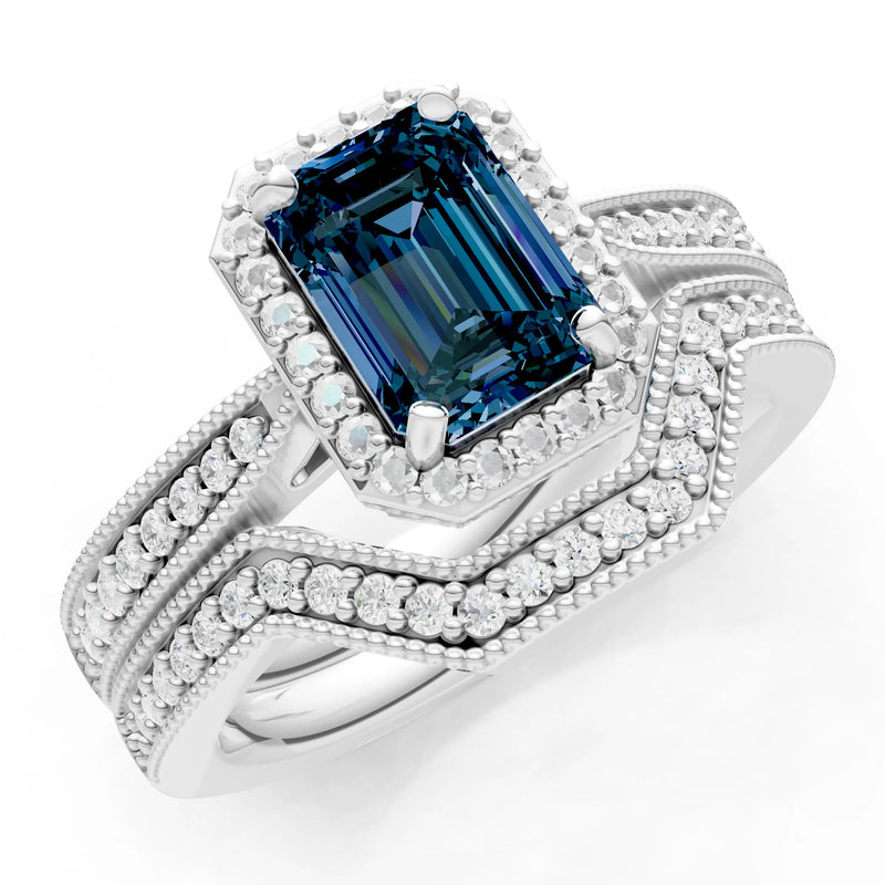 Petitie Vintage Inspired Milgrain Emerald Cut Ring Set