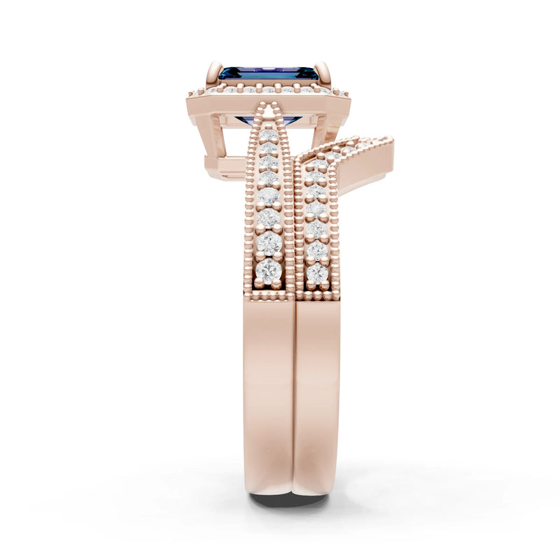 Petitie Vintage Inspired Milgrain Emerald Cut Ring Set