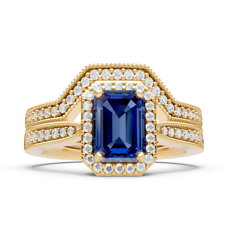 Petitie Vintage Inspired Milgrain Emerald Cut Ring Set