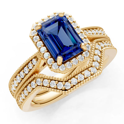 Petitie Vintage Inspired Milgrain Emerald Cut Ring Set