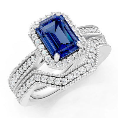 Petitie Vintage Inspired Milgrain Emerald Cut Ring Set