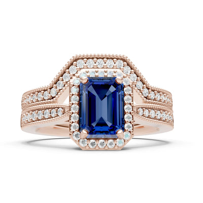 Petitie Vintage Inspired Milgrain Emerald Cut Ring Set
