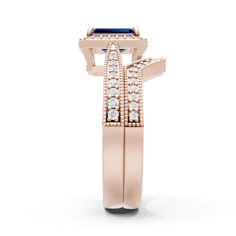 Petitie Vintage Inspired Milgrain Emerald Cut Ring Set