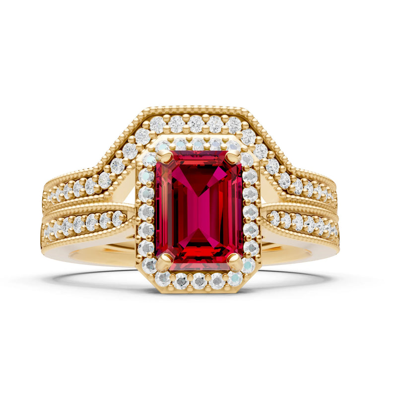 Petitie Vintage Inspired Milgrain Emerald Cut Ring Set