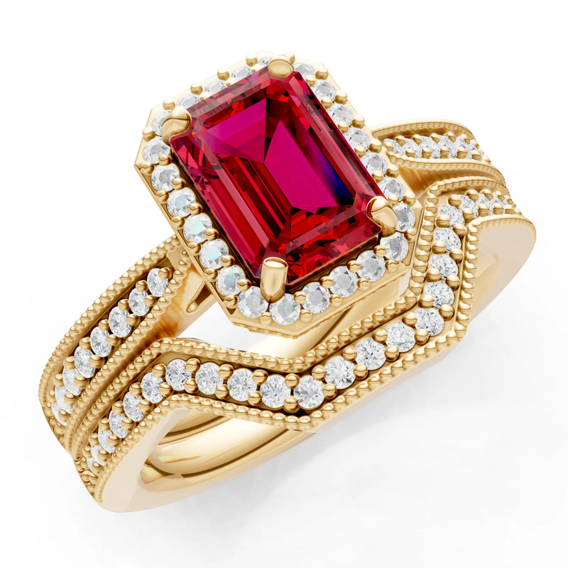 Petitie Vintage Inspired Milgrain Emerald Cut Ring Set