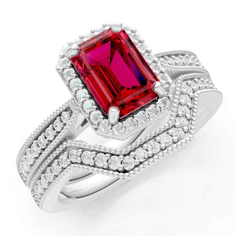 Petitie Vintage Inspired Milgrain Emerald Cut Ring Set