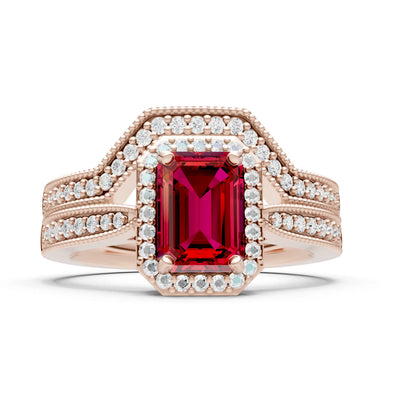 Petitie Vintage Inspired Milgrain Emerald Cut Ring Set