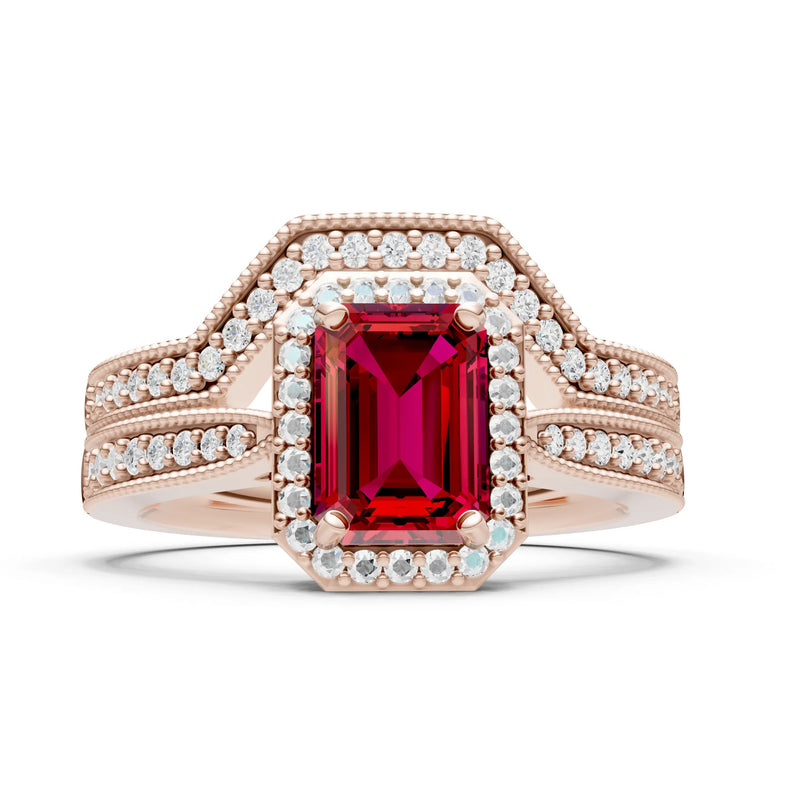 Petitie Vintage Inspired Milgrain Emerald Cut Ring Set