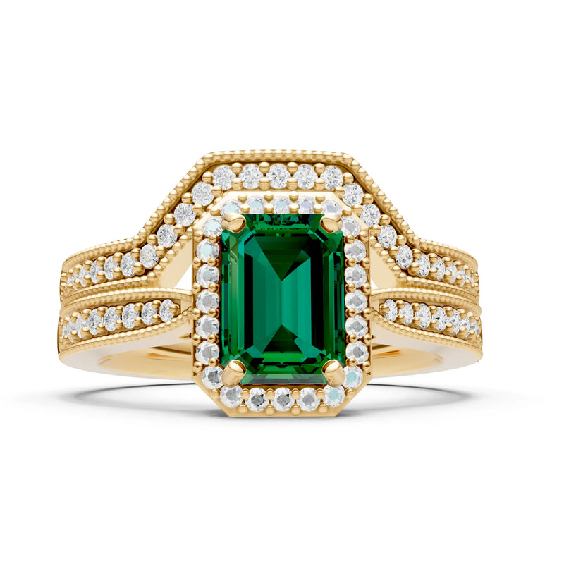 Petitie Vintage Inspired Milgrain Emerald Cut Ring Set