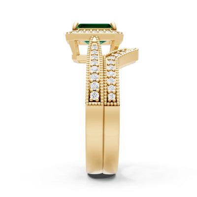 Petitie Vintage Inspired Milgrain Emerald Cut Ring Set