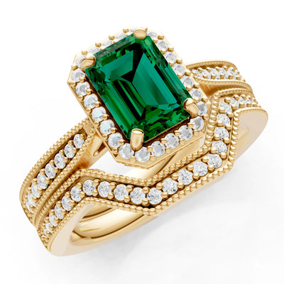 Petitie Vintage Inspired Milgrain Emerald Cut Ring Set