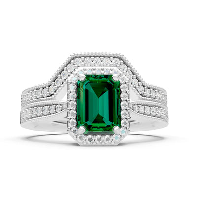 Petitie Vintage Inspired Milgrain Emerald Cut Ring Set