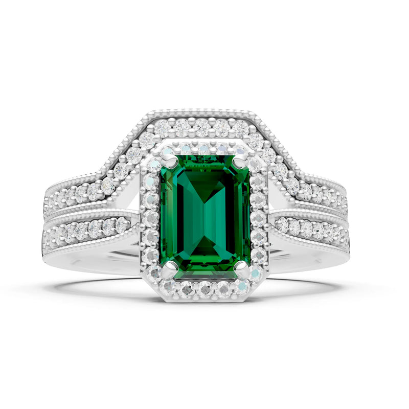 Petitie Vintage Inspired Milgrain Emerald Cut Ring Set