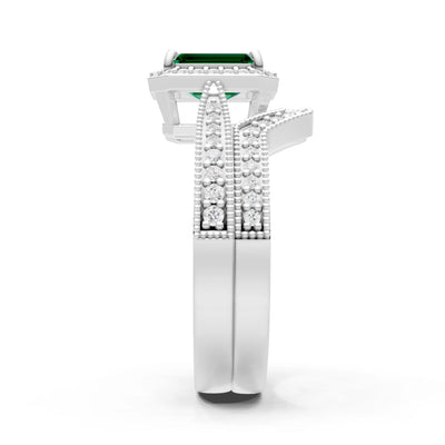 Petitie Vintage Inspired Milgrain Emerald Cut Ring Set
