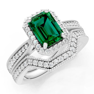 Petitie Vintage Inspired Milgrain Emerald Cut Ring Set