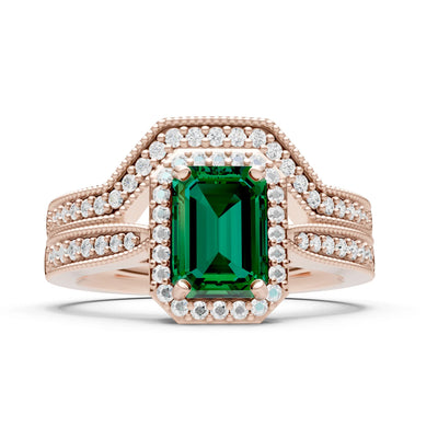Petitie Vintage Inspired Milgrain Emerald Cut Ring Set