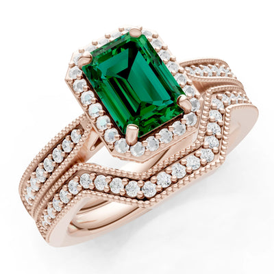 Petitie Vintage Inspired Milgrain Emerald Cut Ring Set