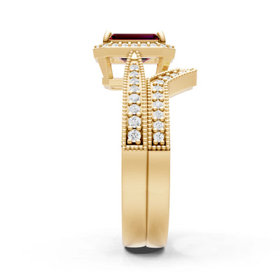 Petitie Vintage Inspired Milgrain Emerald Cut Ring Set