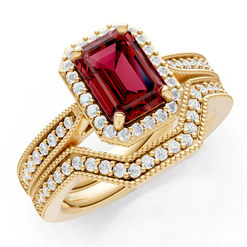 Petitie Vintage Inspired Milgrain Emerald Cut Ring Set