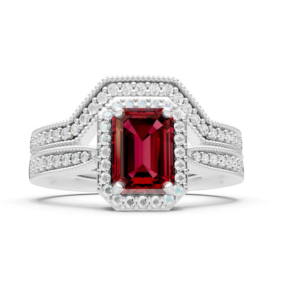 Petitie Vintage Inspired Milgrain Emerald Cut Ring Set