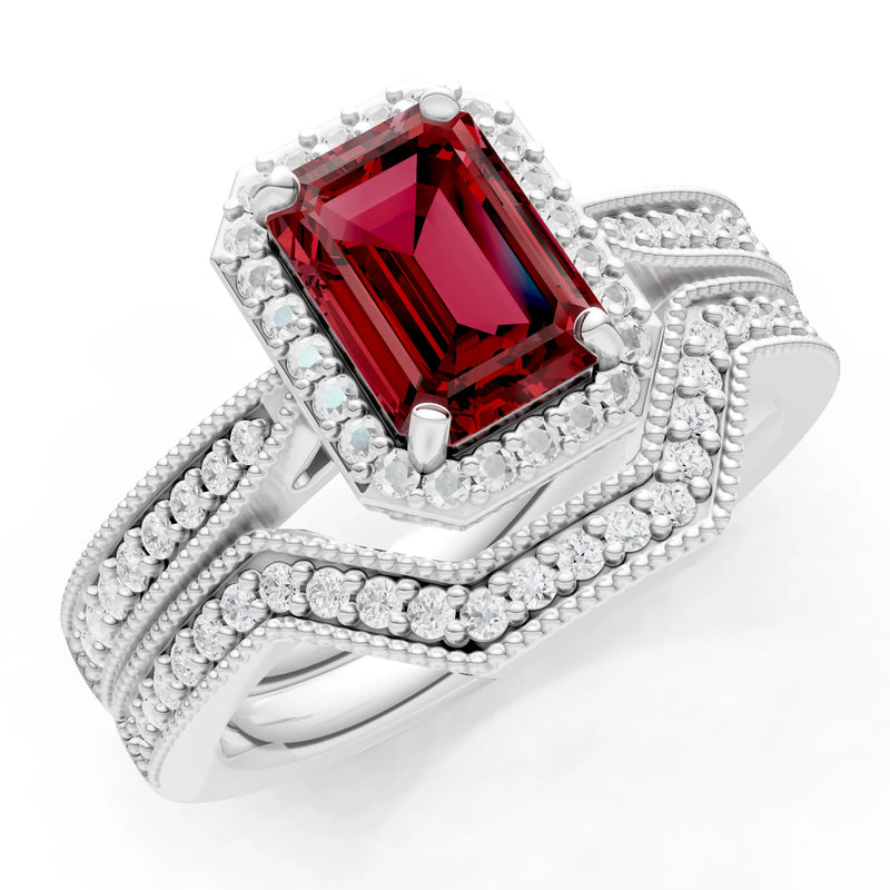 Petitie Vintage Inspired Milgrain Emerald Cut Ring Set