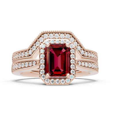Petitie Vintage Inspired Milgrain Emerald Cut Ring Set
