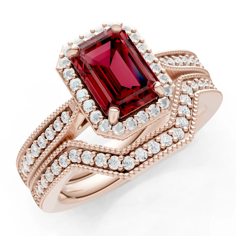 Petitie Vintage Inspired Milgrain Emerald Cut Ring Set