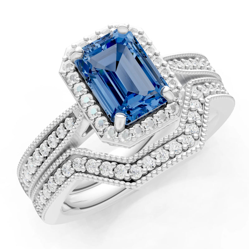 Petitie Vintage Inspired Milgrain Emerald Cut Ring Set