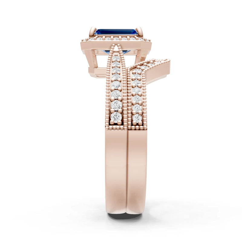 Petitie Vintage Inspired Milgrain Emerald Cut Ring Set