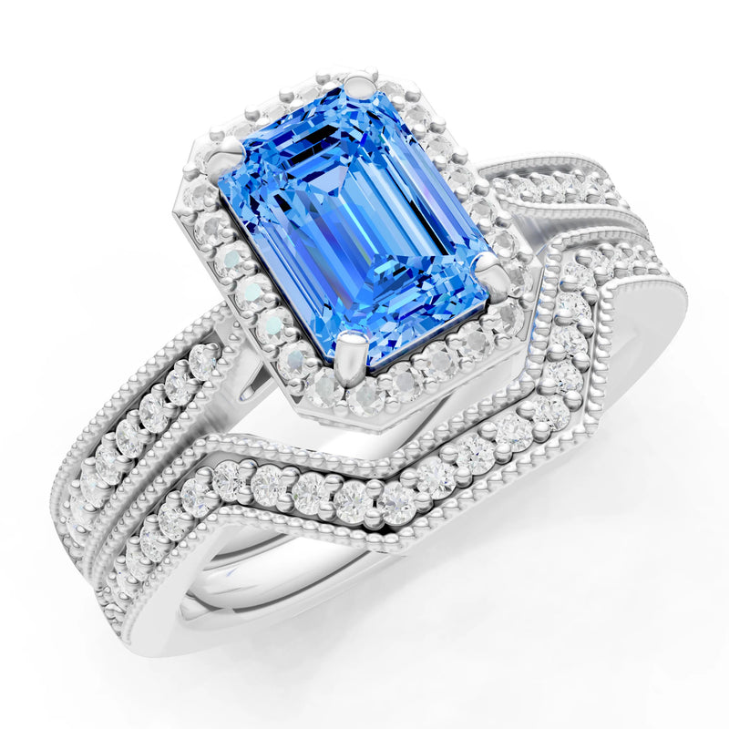 Petitie Vintage Inspired Milgrain Emerald Cut Ring Set