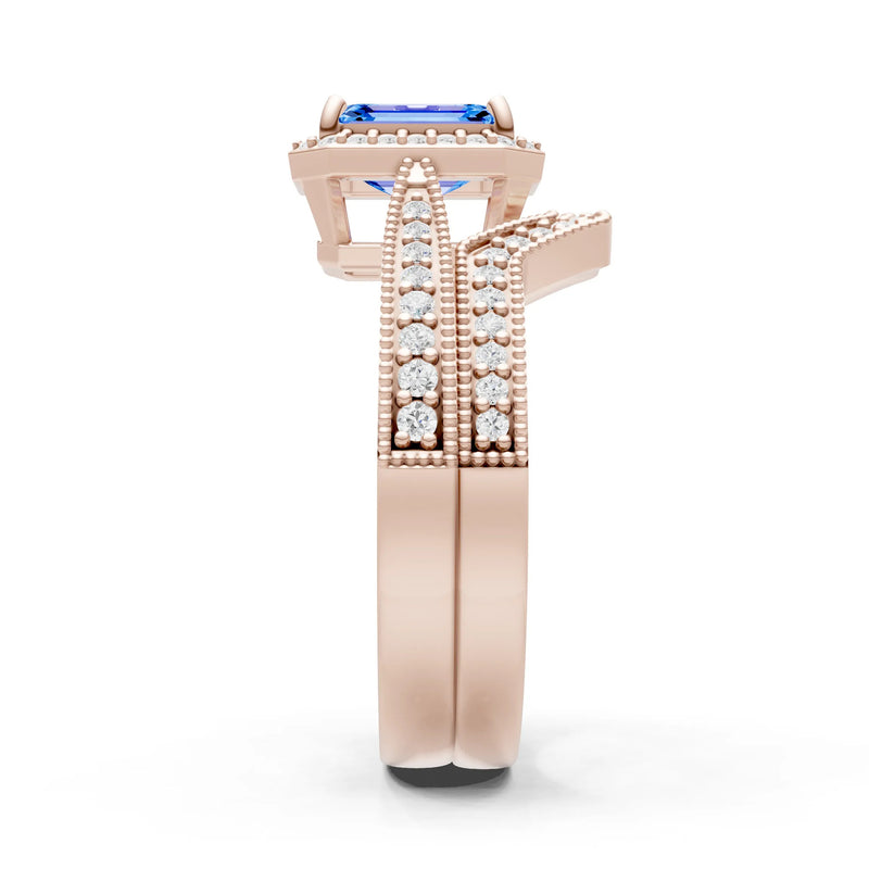 Petitie Vintage Inspired Milgrain Emerald Cut Ring Set