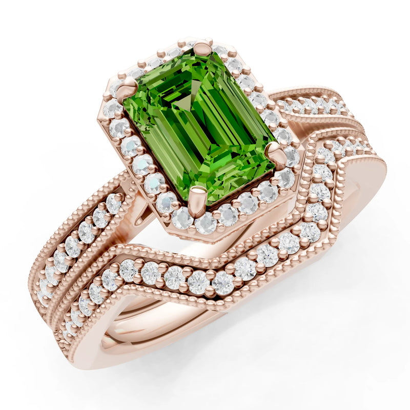 Petitie Vintage Inspired Milgrain Emerald Cut Ring Set