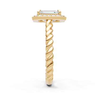 Moissanite Twisted Vine Emerald Cut Solitaire Halo Ring