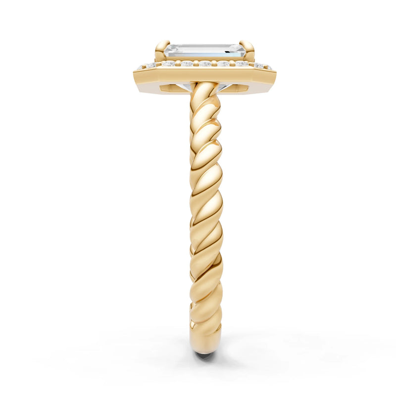 Moissanite Twisted Vine Emerald Cut Solitaire Halo Ring