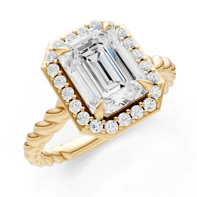 Moissanite Twisted Vine Emerald Cut Solitaire Halo Ring