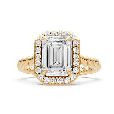 Moissanite Twisted Vine Emerald Cut Solitaire Halo Ring