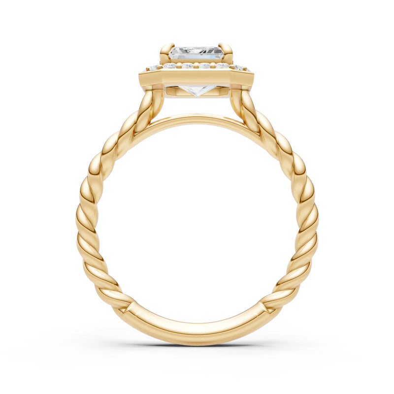 Moissanite Twisted Vine Emerald Cut Solitaire Halo Ring